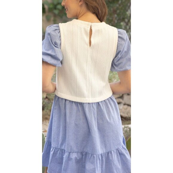 NWT Voy Womens Blue & White Two-Tone Dress W/ Knit Textured Top & Puff Sleeves~S - Picture 2 of 8